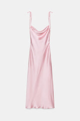 ROBE MI-LONGUE SATINÉE À BRETELLES ET NŒUDS