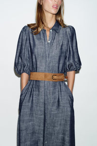 ROBE MI-LONGUE EN LIN AVEC CEINTURE