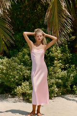 ROBE MI-LONGUE SATINÉE À BRETELLES ET NŒUDS