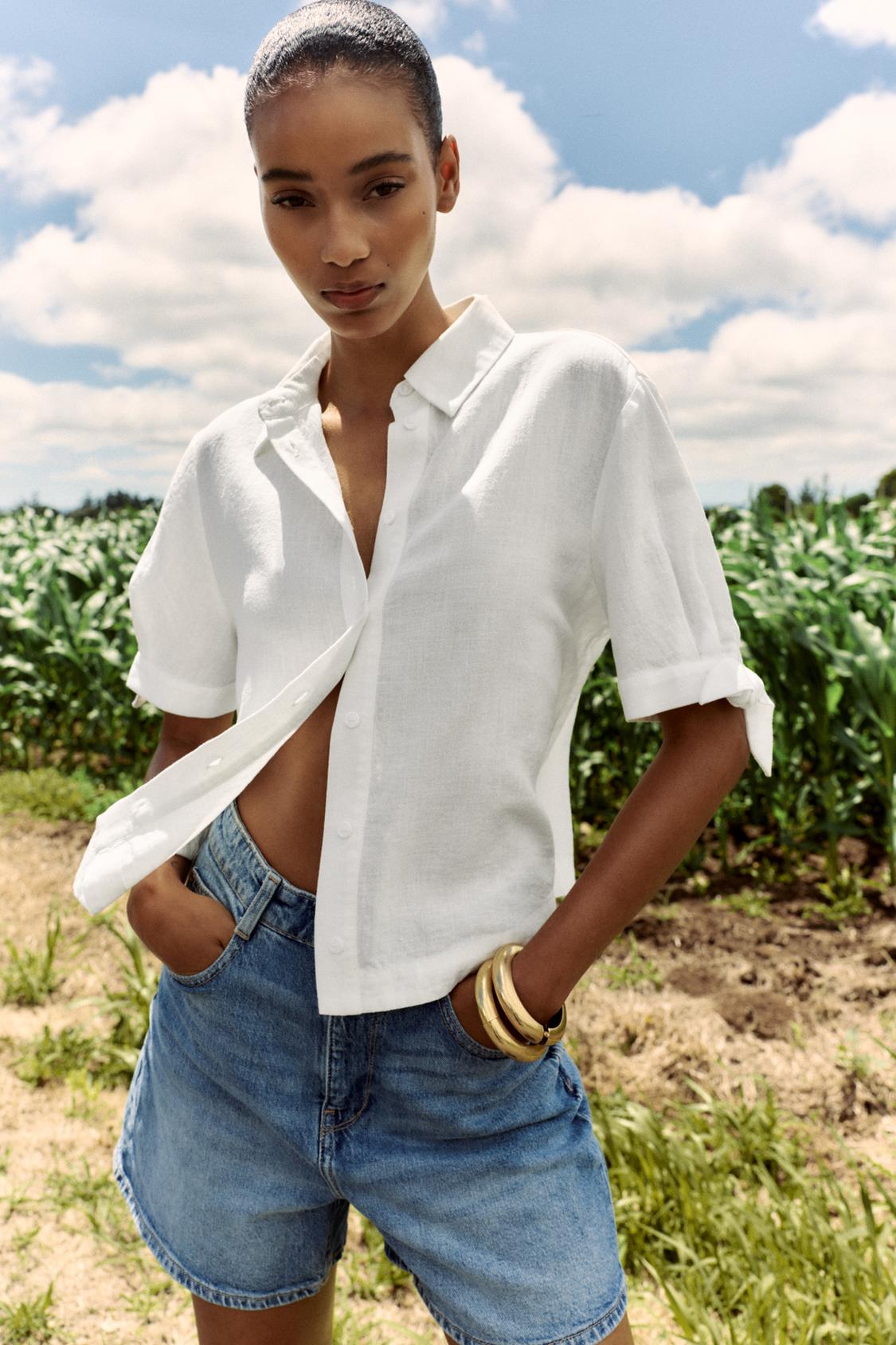 CHEMISE MANCHES COURTES AVEC LACETS EN RAMIE