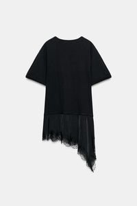 T-SHIRT EN MATIÈRES VARIÉES ET DENTELLE COL TUNISIEN