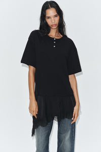 T-SHIRT EN MATIÈRES VARIÉES ET DENTELLE COL TUNISIEN