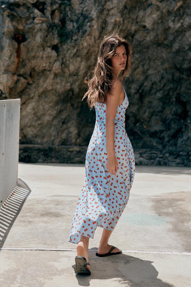ROBE MI-LONGUE EN POPELINE IMPRIMÉE FRAISES
