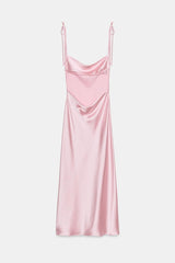 ROBE MI-LONGUE SATINÉE À BRETELLES ET NŒUDS