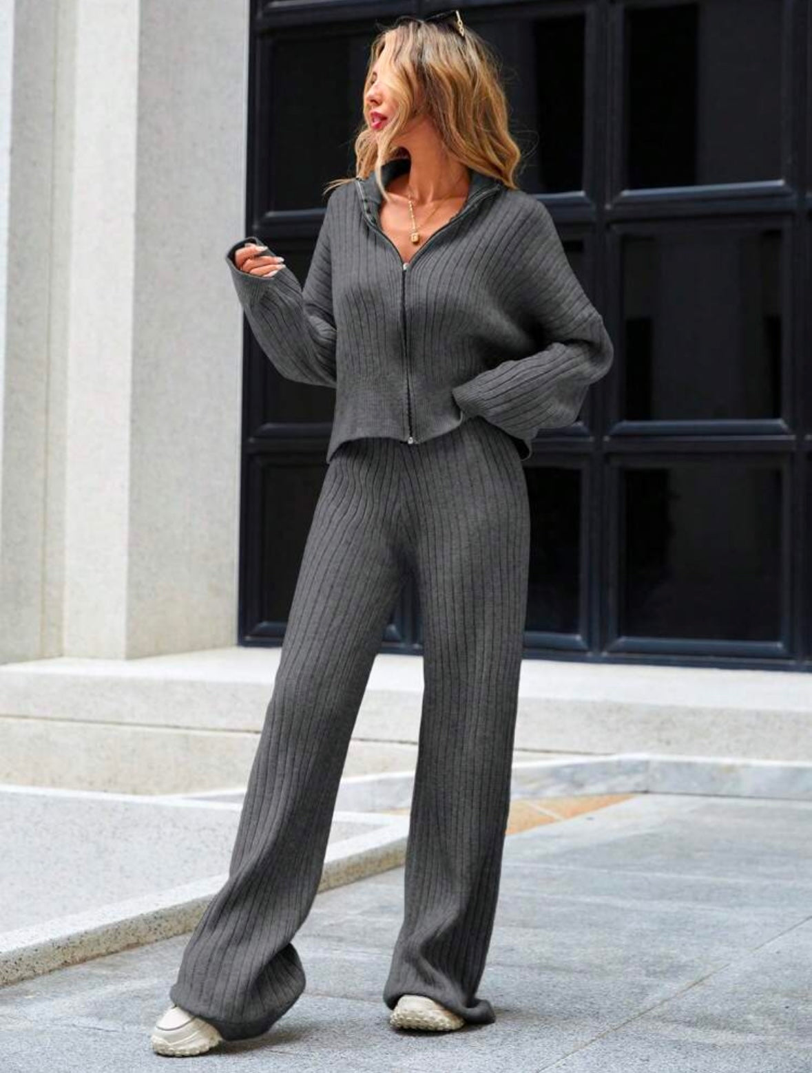 Ensemble Cardigan Zippé 2 pièces - Gris foncé